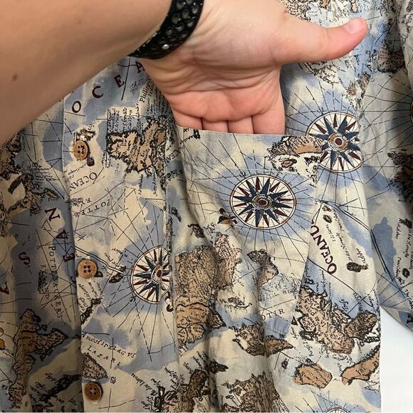 World Island Shirt Mens XL Blue Hawaiian Aloha Chart of Oceanus Design Cotton - Picture 7 of 13